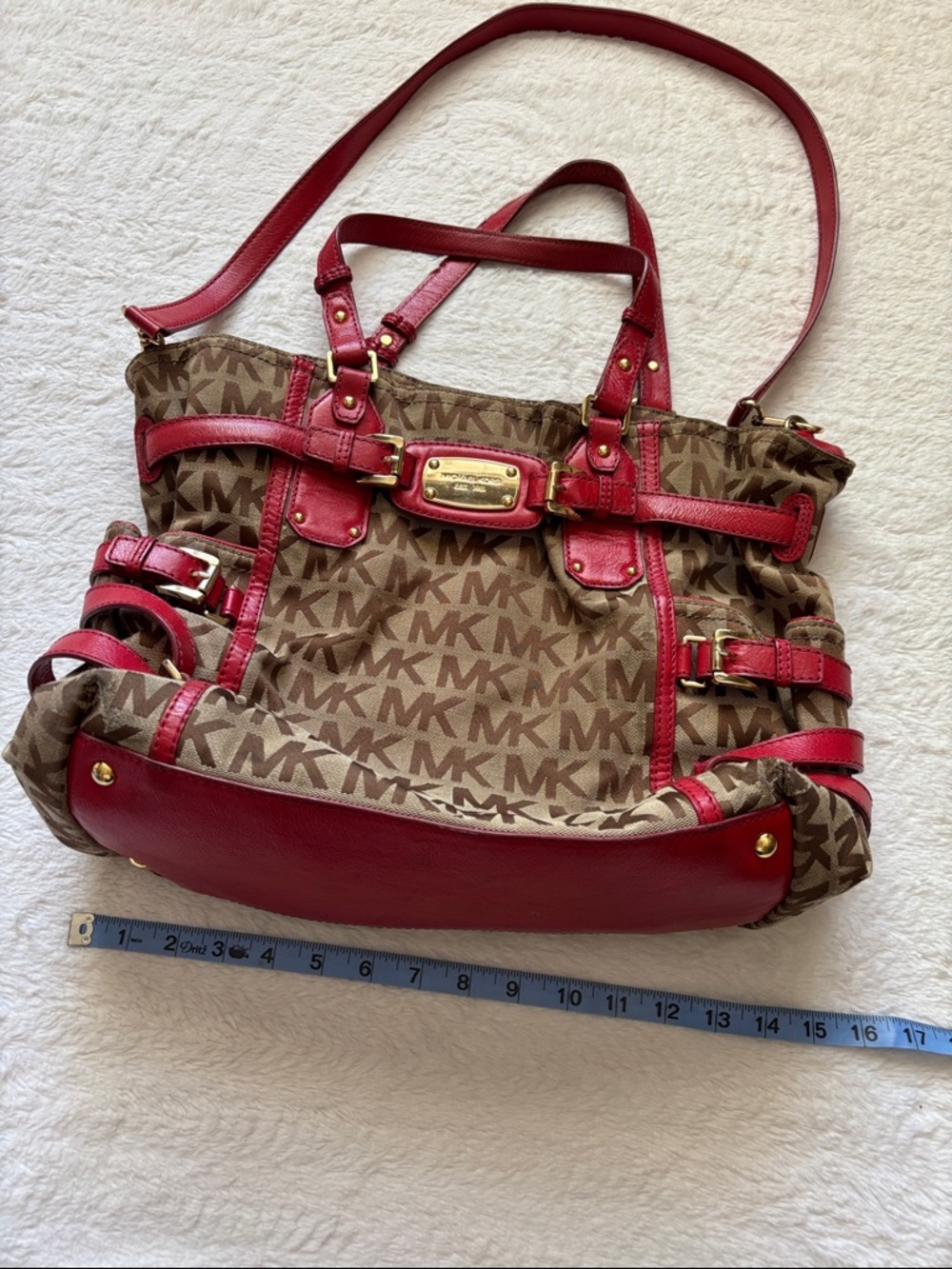 Michael Kors Red Trim Signature MK Shoulder Bag With Handles - Picture 7 of 15